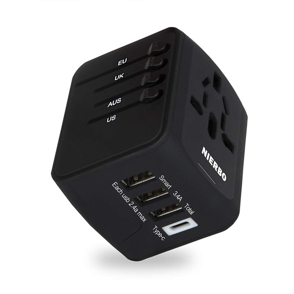 NIERBO Adaptador de Viaje Internacional con 3 Puertos USB y un Cargador Tipo C para EE. UU, Europa, Reino Unido y Australia (+160 países) con un Cable de Carga USB Gratuito