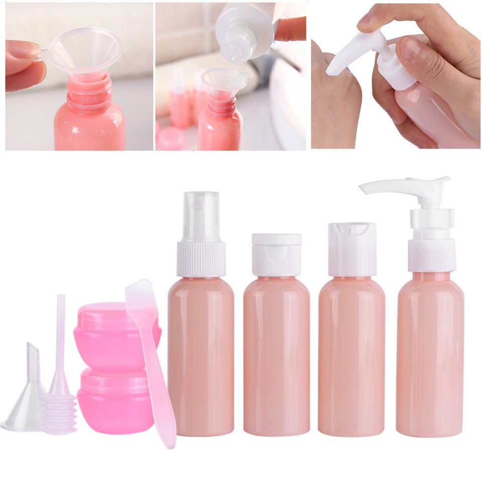 GLOGLOW 9pcs Botellas de Viaje Recargables, Reutilizable Botella de Aerosol de Maquillaje vacío Loción de champú Set de Contenedor de Crema Kit de Viaje Accesorios Inteligentes