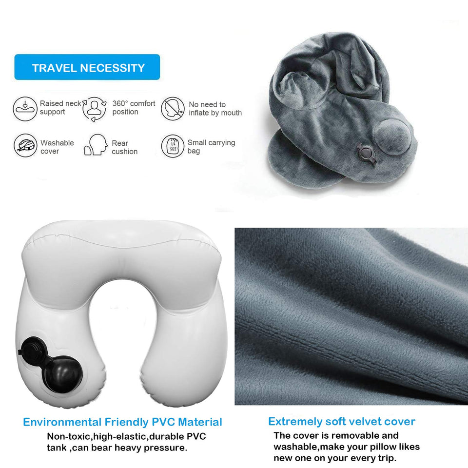 Almohada de Viaje Inflable Relajante Cuello Apoyo Travel Neck Pillow Inflatable para avion vuelos de larga distancia,tren, coche y oficina con cubierta suave lavable,bolsa de transporte y con antifaz para dormir