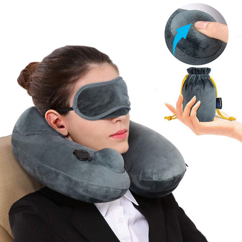 Almohada de Viaje Inflable Relajante Cuello Apoyo Travel Neck Pillow Inflatable para avion vuelos de larga distancia,tren, coche y oficina con cubierta suave lavable,bolsa de transporte y con antifaz para dormir