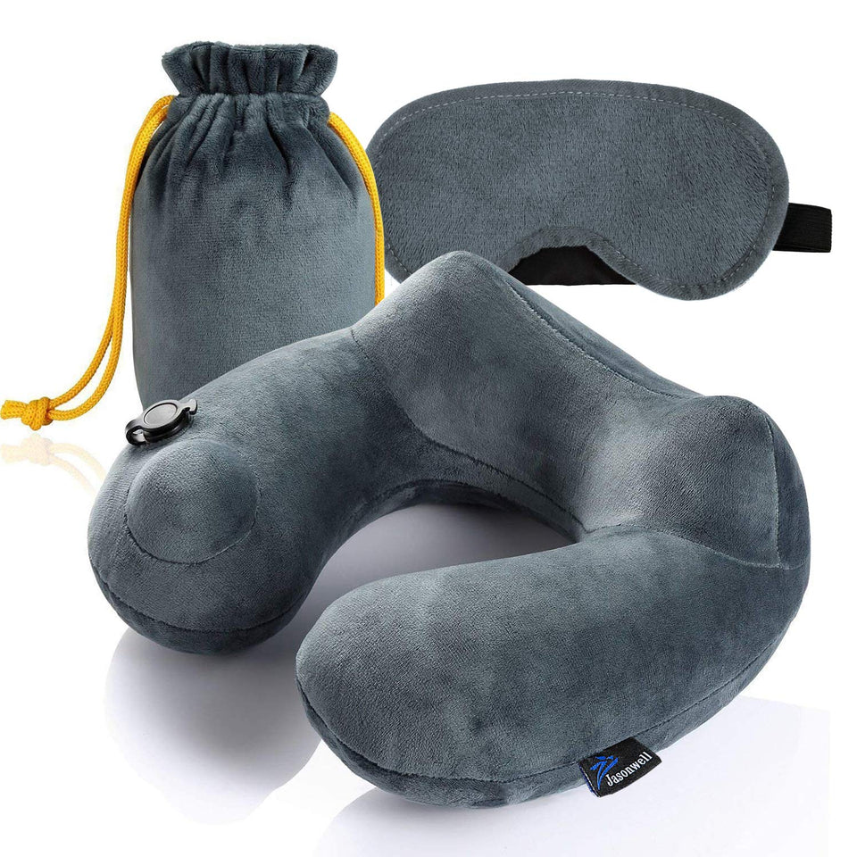 Almohada de Viaje Inflable Relajante Cuello Apoyo Travel Neck Pillow Inflatable para avion vuelos de larga distancia,tren, coche y oficina con cubierta suave lavable,bolsa de transporte y con antifaz para dormir